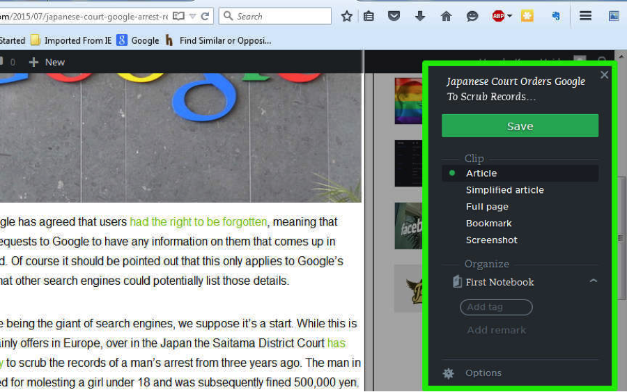 screenshot of using Evernote app to save online article