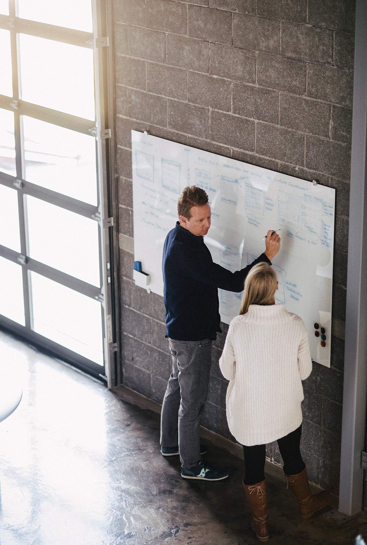 people in office working on whiteboard