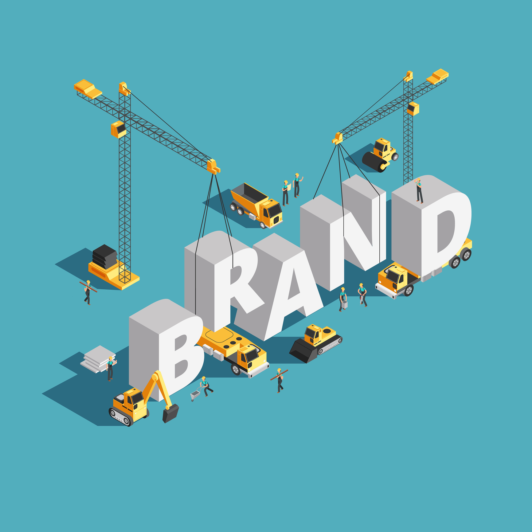 Brand building construction 3d isometric vector concept with construction machinery and workers