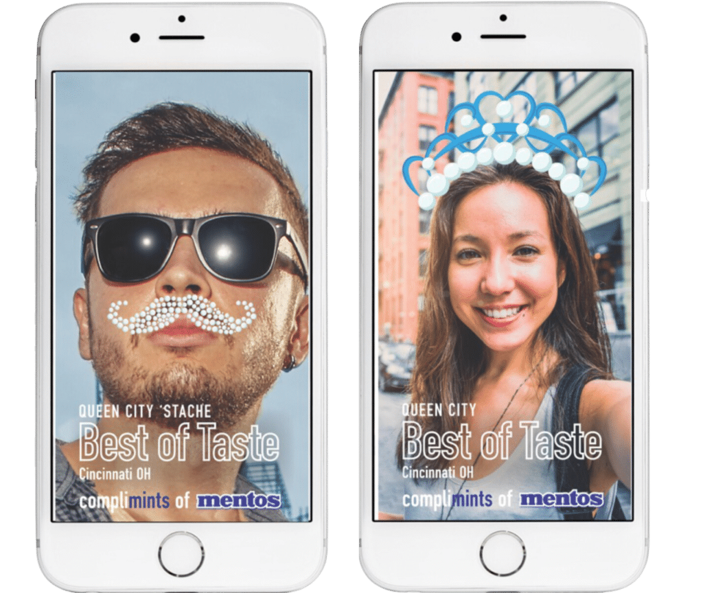 2 mobile mockups of Mentos AR snapchat filter